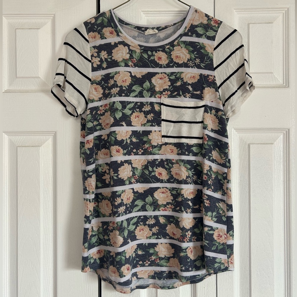 Boutique Brand Floral and Striped Short Sleeve Top